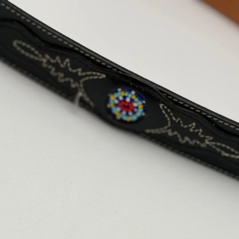 Vintage Western Black Leather Belt Beaded Medallions Silver Engraved Buckle 30